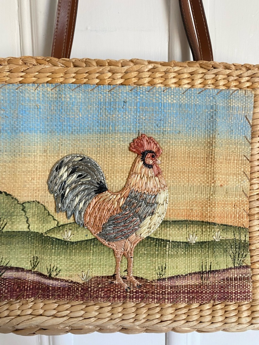 Vintage Woven Straw Tote with Rooster Panel - Brown, Tan, Blue, Green - Picture 2 of 10